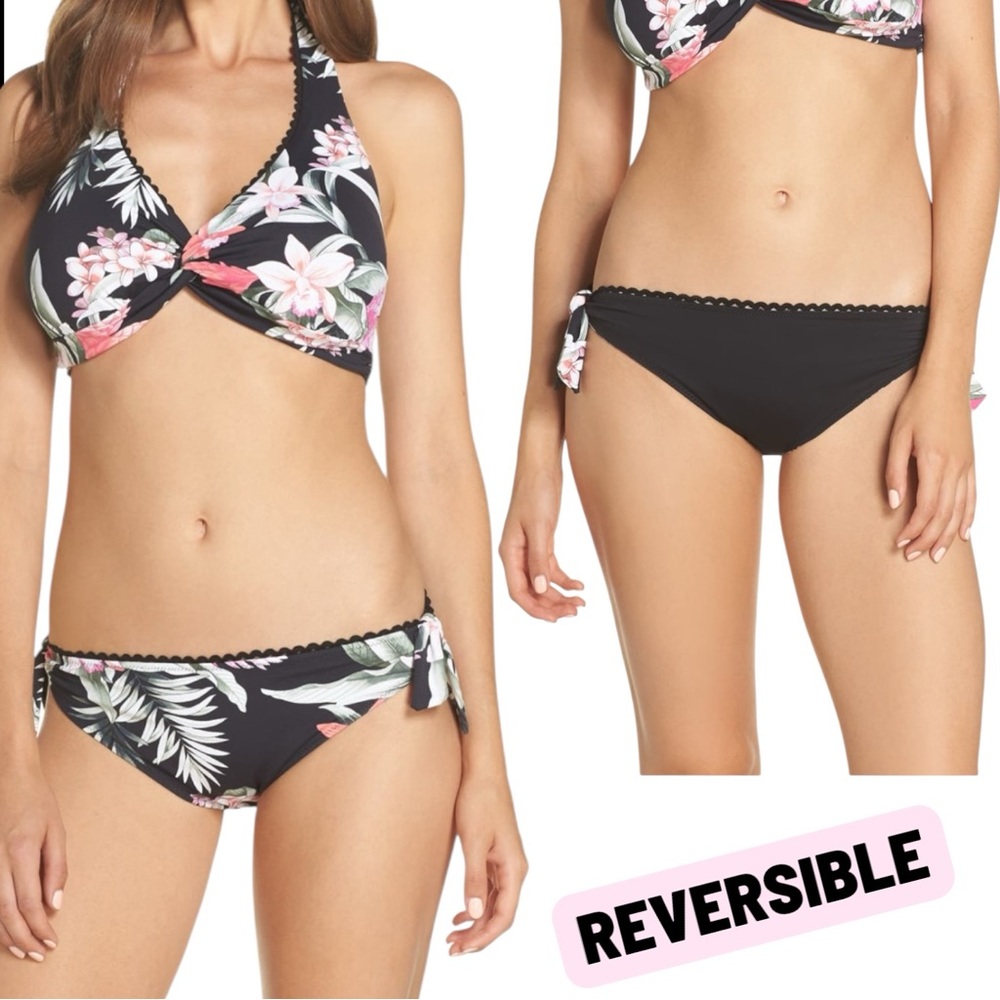 NWT $75 Tommy Bahama Black and Pink Floral Print Reversible Bikini Bottoms - XS